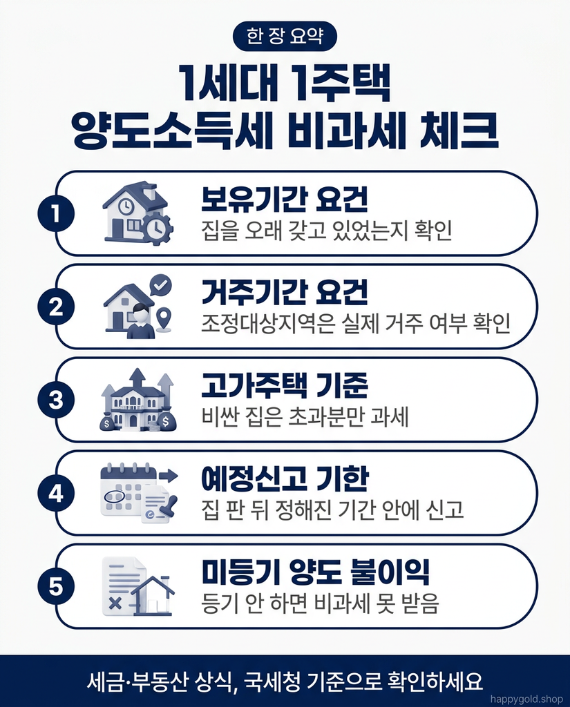1세대 1주택 양도소득세 비과세 요건 한 장 요약표