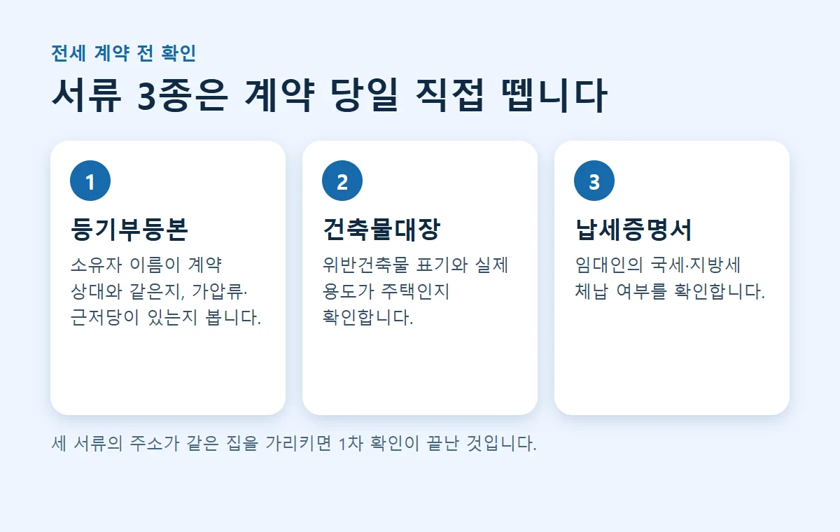 계약 전 확인 서류 3종: 등기부등본·건축물대장·납세증명서