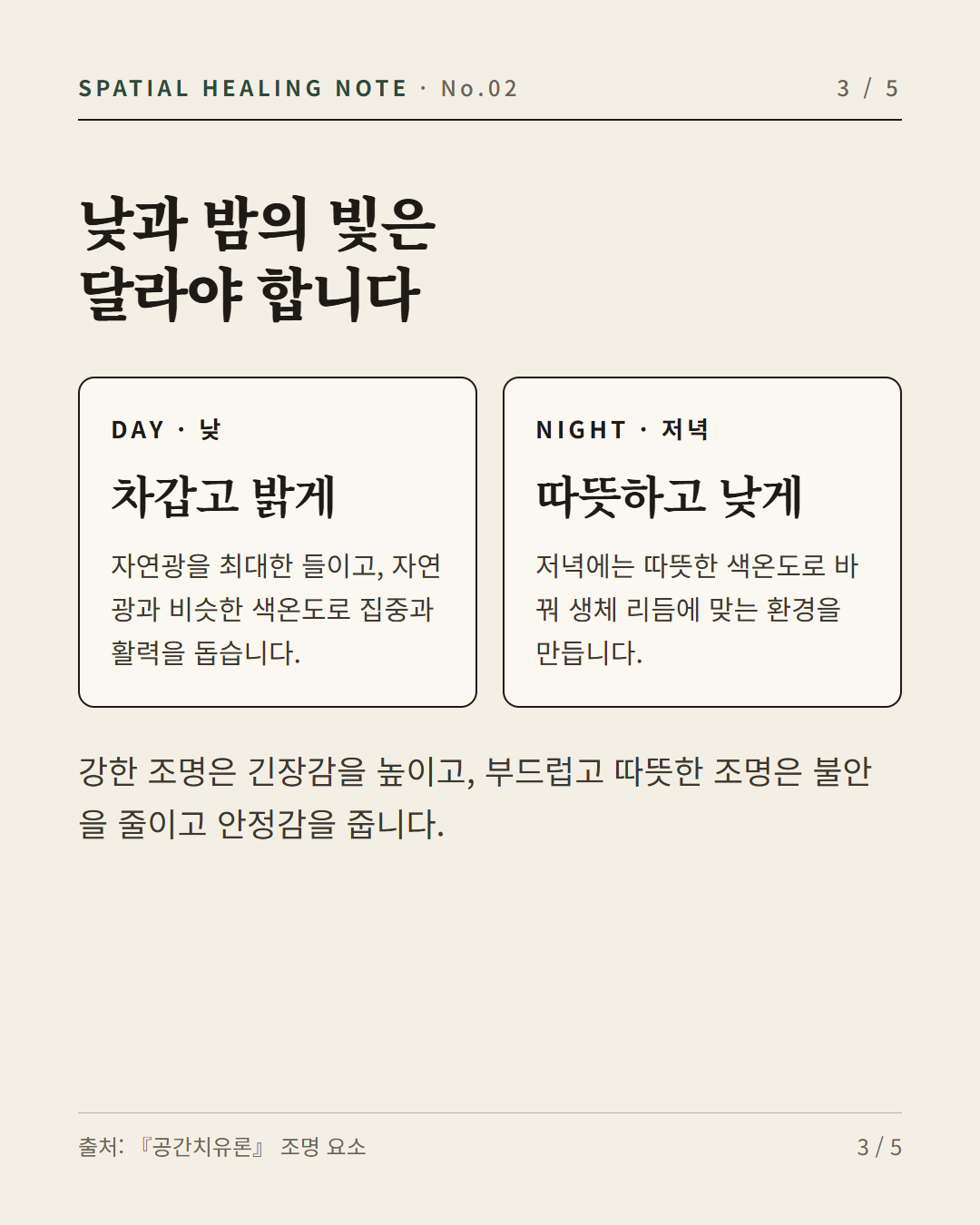 낮에는 밝고 차갑게 저녁에는 따뜻하고 낮게 — 침실 조명 비교