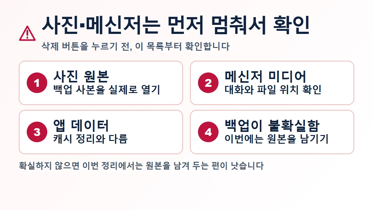 사진 원본과 메신저 미디어를 삭제 전 확인하는 도해