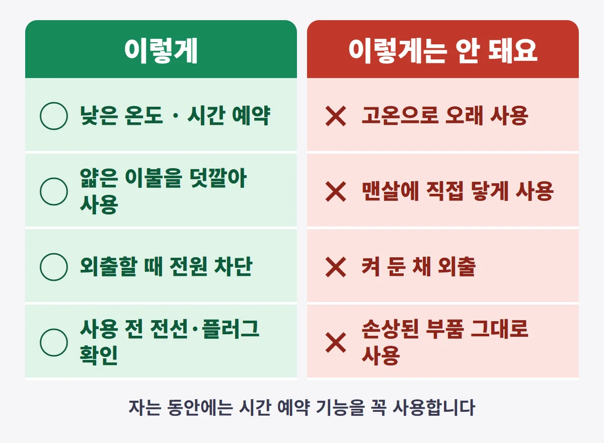 전기매트 사용 시 지킬 것과 피할 것 비교표