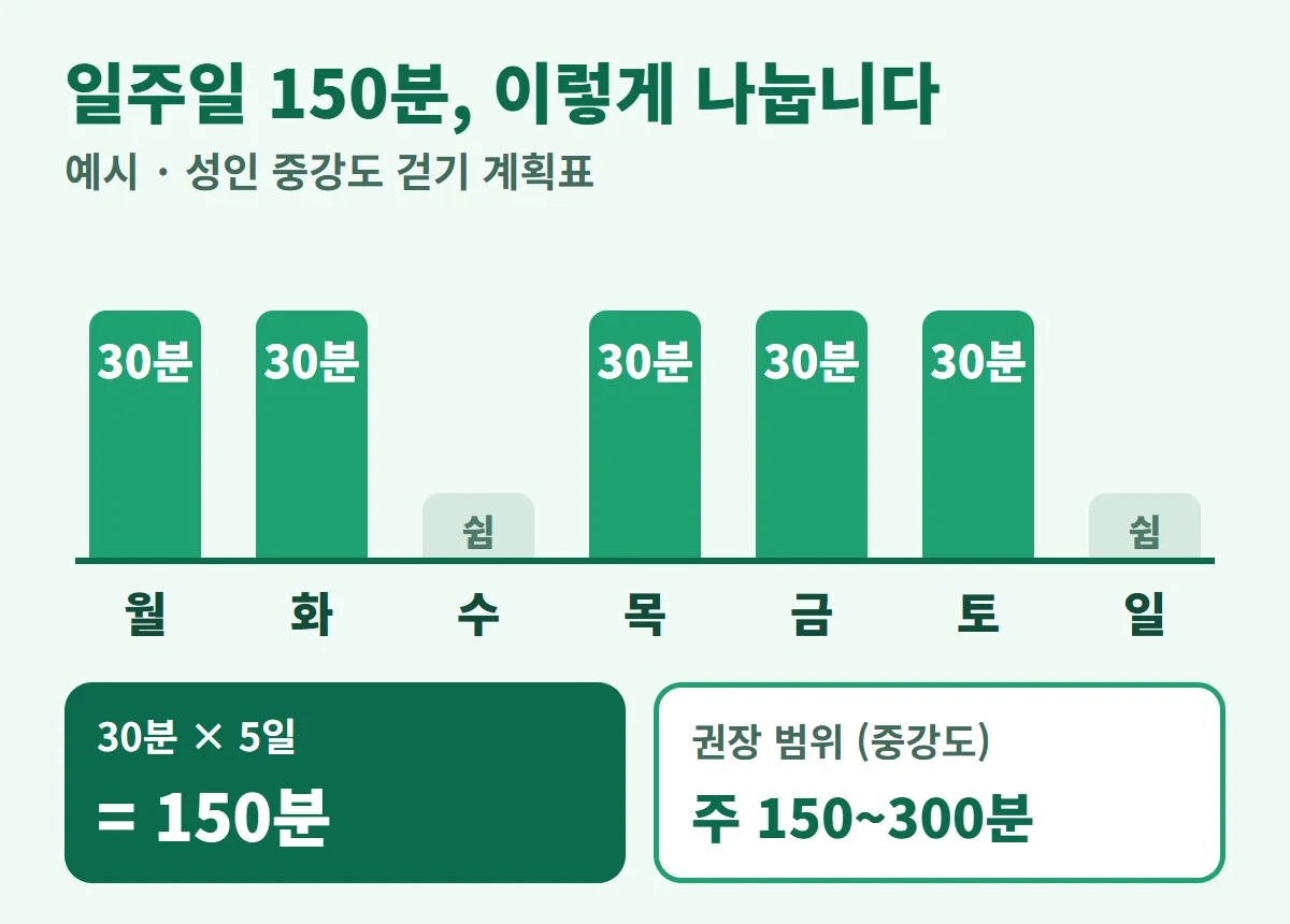 주 150분을 30분씩 5일로 나눈 걷기 계획표 예시