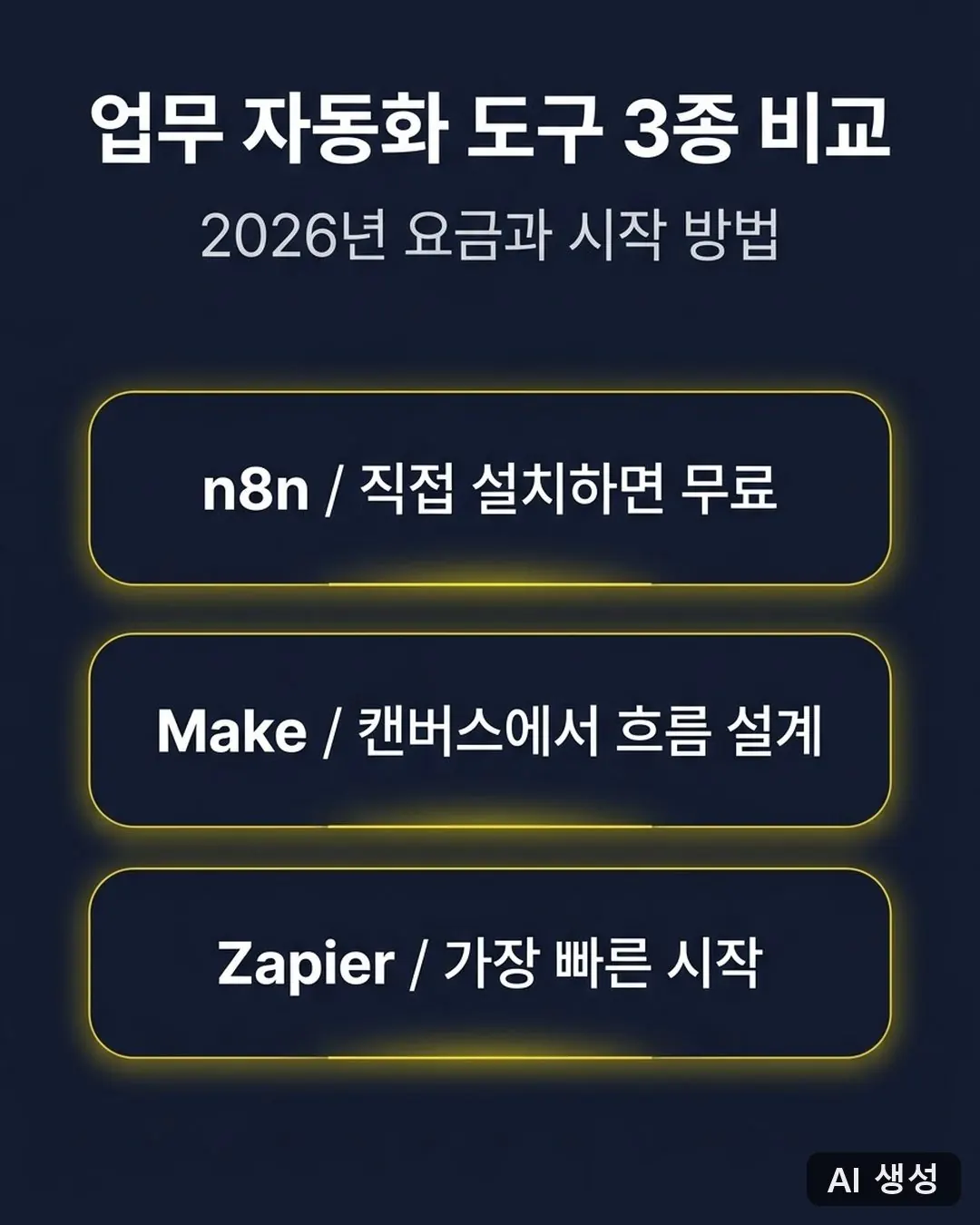 2026년 업무 자동화 도구 3종 비교 요약 카드